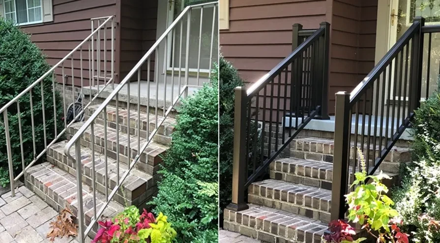 Exterior staircase railing before and after comparison