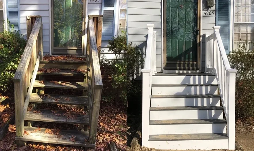 Old weathered stairs next to renovated white staircase