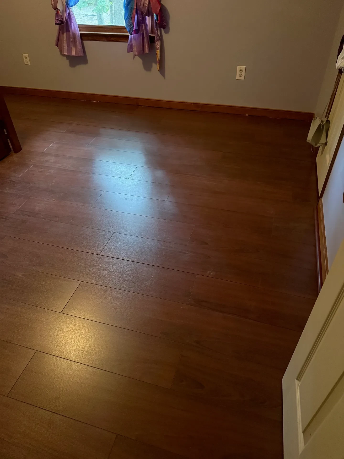 Empty room with dark wood flooring