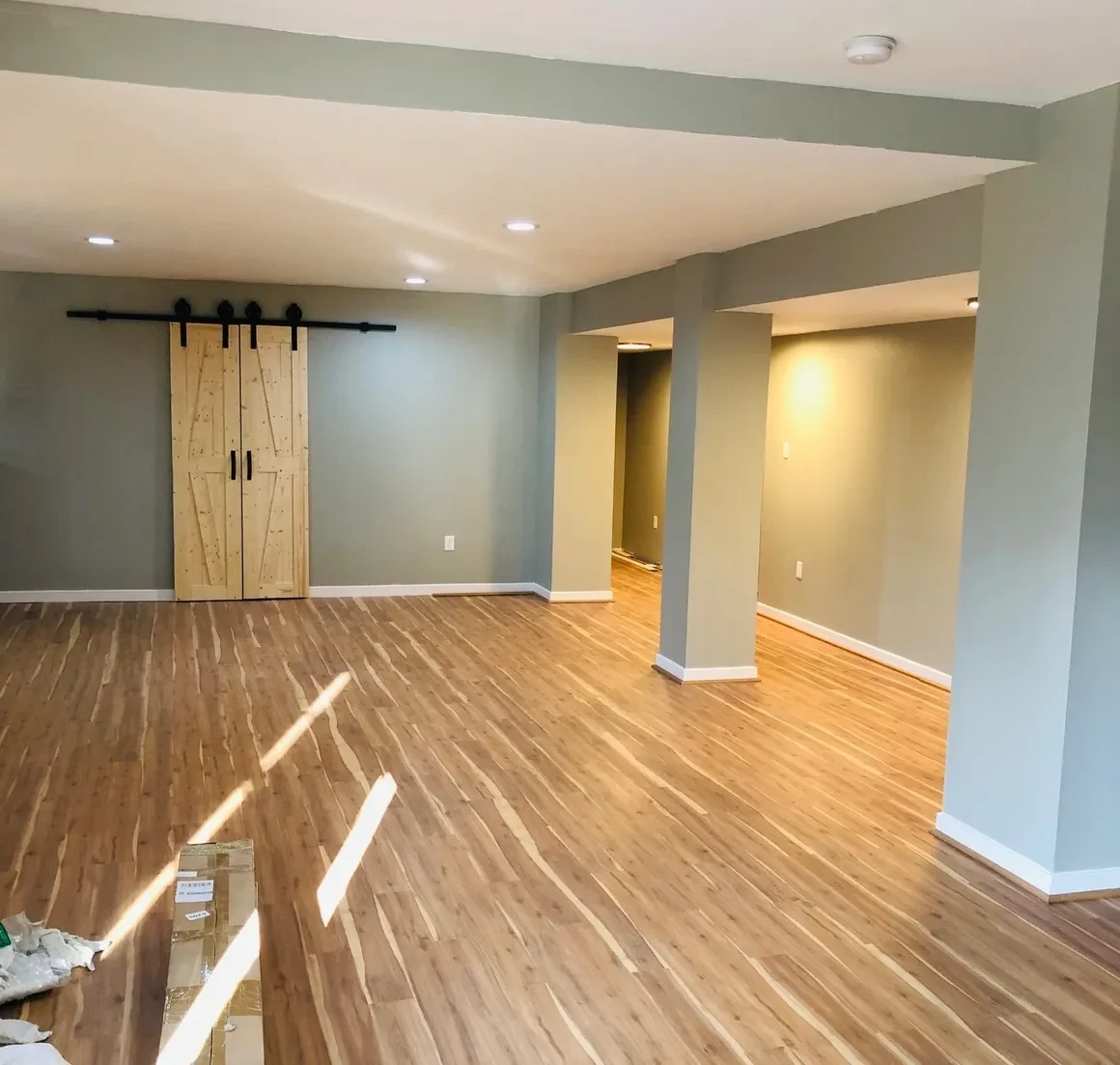Modern basement with wood flooring and barn doors
