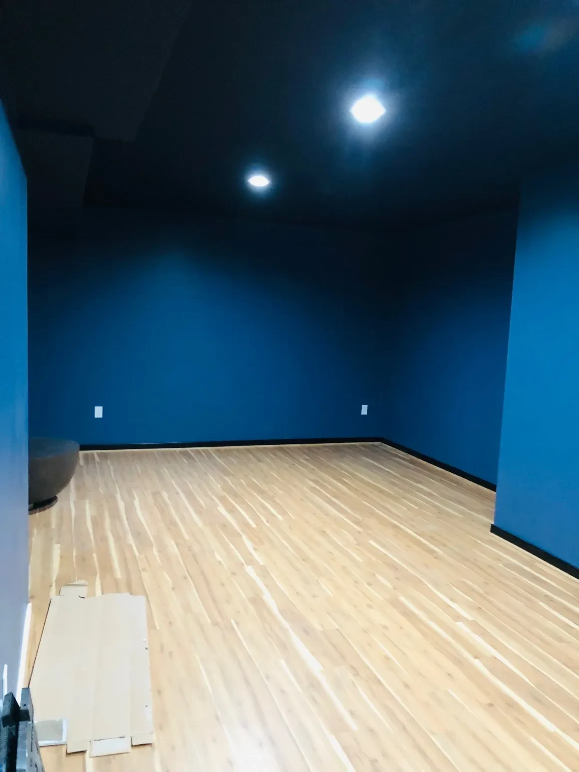 Finished basement with blue walls and wood floor